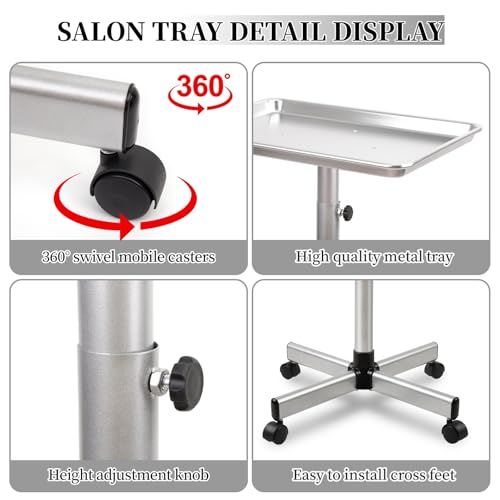 Salon Rolling Tray with Adjustable Height, Metal Mayo Stand
