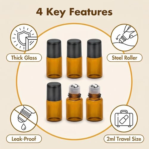 6PCS 2ML Amber Glass Roller Bottles for Essential Oils & Perfume