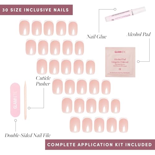 Glamnetic Press On Nails & Brush On Nail Glue Bundle - La Perle | Squoval White Nails with French Tips | 15 Sizes - 30 Nail Kit with Glue | Reusable, Salon-Quality Fake Nails