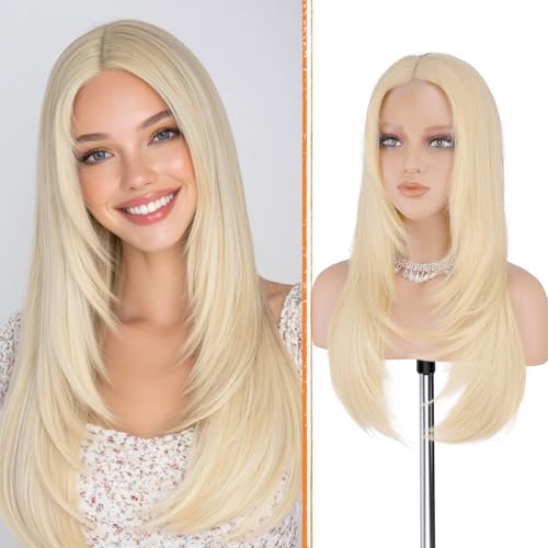 Haloo 24 Inch Blonde Wig with Curtain Bangs - Lace Front Synthetic Hair