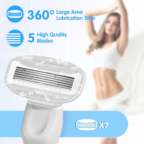 Razors for Women Include 1 Non-Slip Metal Handle and 7 Blade Refills, 5 Premium Blades Women's Razors for Shaving with 360¡Æ Lubrication Reduces Irritation, Silver