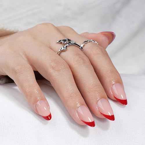 French Tip Press on Nails, Short Press on Nails Almond Reusable Glossy Red Nails Soft Gel False Nails Press ons for Women, 16 Sizes 32 Count Nails Kit with Glue (SV-12)