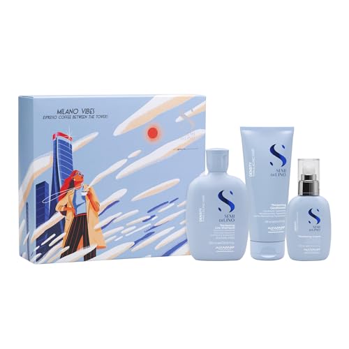 Alfaparf Milano Semi di Lino Density Gift Set for Thin and Aging Hair - Thickening Shampoo, Conditioner and Leave-In Volumizing Cream - Sulfate Free