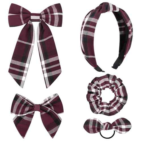 DEEKA 5 Styles Uniform Plaid Long Tail Hair Bows Knotted Headband Scrunchies Bow Set Alligator Clips Back to School Accessories for Toddler Little School Girls (Burgundy 5 Styles)