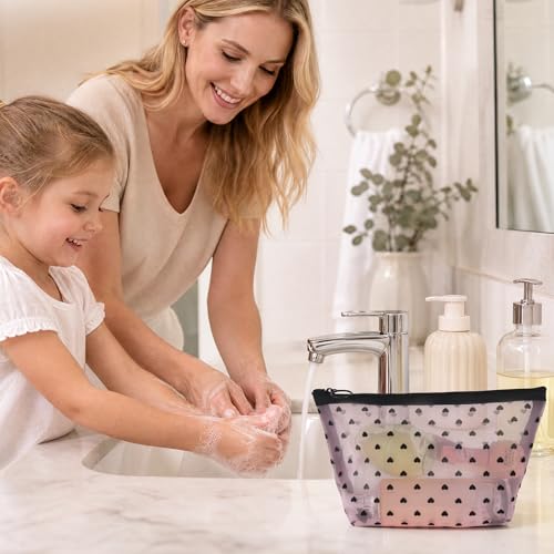 Pink Mesh Makeup Bag Set - 4 Pcs Heart Print Clear Cosmetic Organizer, Travel & Toiletry Bags