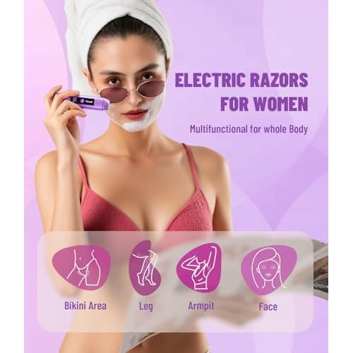 Electric Bikini Trimmer for Women: IPX7 Waterproof Dual Head Cordless Electric Shaver for Women with LED Display & 0.5mm Ceramic Blades for Pubic Hair, Face, Legs - Grape Purple