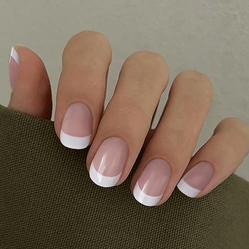 CurvLife Short Square French Tip Press-On Nails, Edge White, Soft Gel, Natural Variation