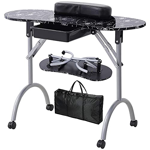 WELLHUT Portable Manicure Table with Lockable Wheels & Carrying Bag