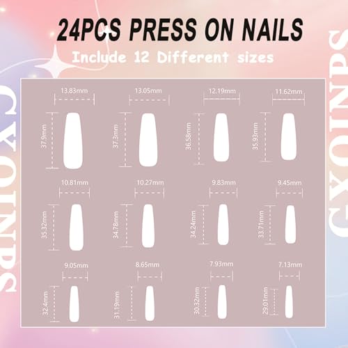 Nude Press on Nails Long Coffin False Nails with Pattern Design French Tip Full Cover Stick on Nails Matte Fake Nails for Women Girls Pretty Artificial Acrylic Nails Kit 24pcs