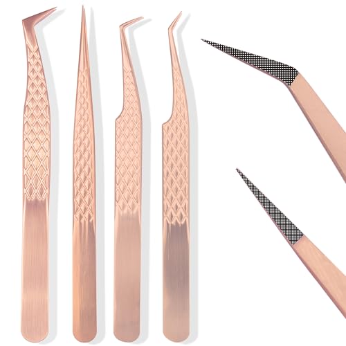 Fiber Tip Lash Tweezers For Eyelash Extension 4 Pcs Tweezers Professional Artist Tech Work Kit Tools,Best Volume Eyelash Lashes Extensions Precision Supplies Volume Boot 90 45 Degree(Rose Gold)