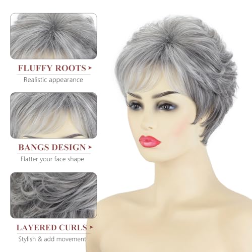 Short Gray Pixie Cut Wig with Bangs for Women