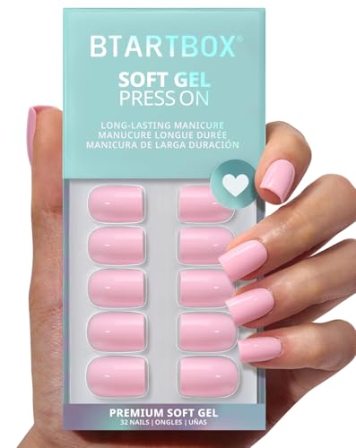 BTArtbox Press On Nails Short Square Pink Yellow 32Ct