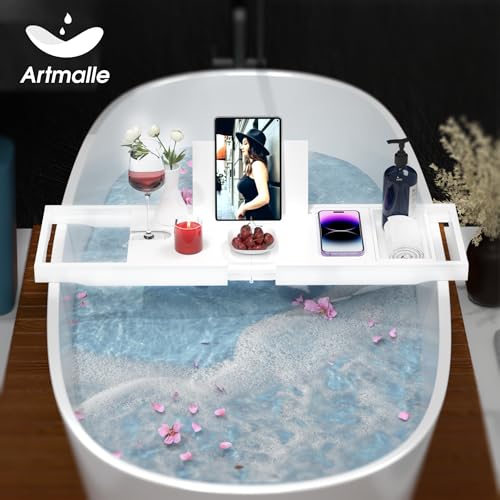 Artmalle Foldable Bamboo Bathtub Caddy Tray – Expandable