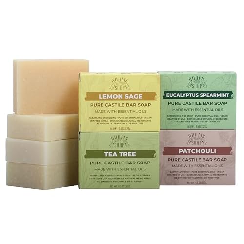 Adams Handmade Soap Variety Pack ? 4 Bar Set: Tea Tree, Eucalyptus Spearmint, Patchouli, Lemon Sage | Vegan, Cold Process, 84% Organic, Essential Oils, USA Made