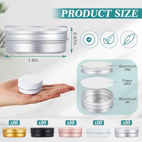 50 Pack 0.5 oz Aluminum Tin Cans with Lids Bulk, Refillable Metal Tin Containers for Lip Balm, Salve, Cream, Travel Cosmetic Subpackage Jars, Valentines DIY Candle & Crafts (5 Colors)