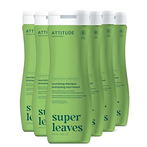 ATTITUDE Nourishing Hair Shampoo, EWG Verified, For Dry and Damaged Hair, Naturally Derived Ingredients, Vegan and Plant Based, Grapeseed Oil and Olive Leaves, 16 Fl Oz (Pack of 6)