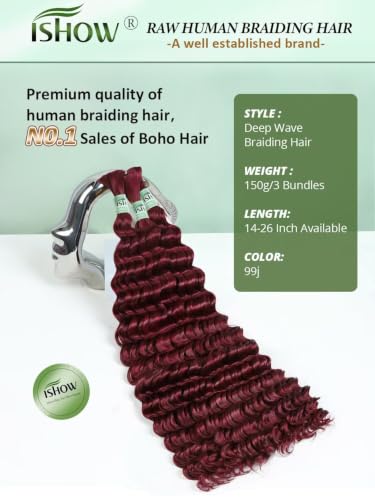 ISHOW 24 Inch Deep Wave Bulk Human Hair - Red Burgundy 99J