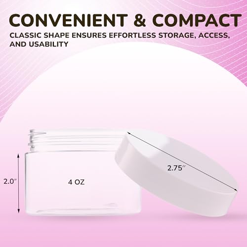 Plastic Jars with Lids - 4 OZ Small Plastic Containers - 24 Pack - Travel Cosmetic Containers for Creams - Leak Proof Clear Jar with White Lids
