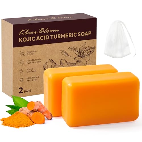 Kojic Acid Soap, Turmeric Soap Bar for Dark Spots Brightening & Moisturizing with Collagen, Vitamin E, Retinol, Hyaluronic Acid, Shea Butter, Paraben & Sulfate-Free 105g x 2 Bars