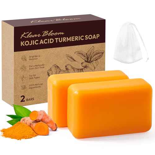 Kojic Acid Soap, Turmeric Soap Bar for Dark Spots Brightening & Moisturizing with Collagen, Vitamin E, Retinol, Hyaluronic Acid, Shea Butter, Paraben & Sulfate-Free 105g x 2 Bars
