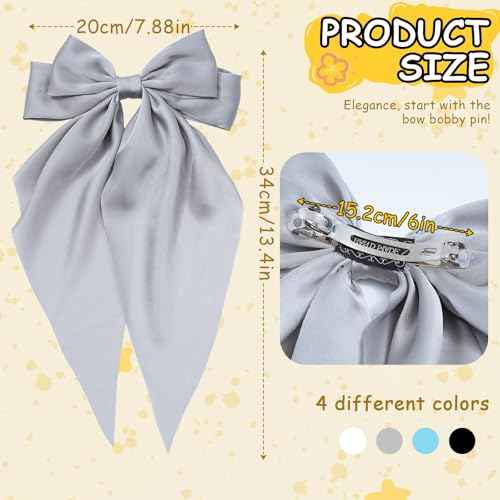 4 Pcs Hair Bows for Women Big Ribbon Bows for Hair Long Tail Bow Hair Clips Cute Hair Barrettes Hair Accessories for Girls (Blue + White + Gray + Black)