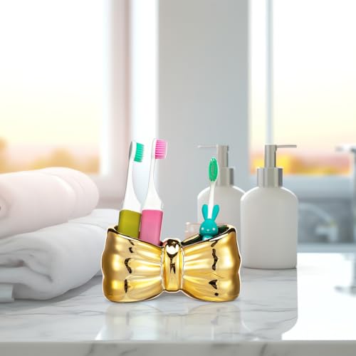 Chunful Gold Bow Toothbrush Holder Cute Ceramic Bow Shaped Toothbrush Makeup Brush Holder Organizer Comb Pen Pencil Storage Box Container Bathroom Vanity Countertop Accessories, for Bathroom Home
