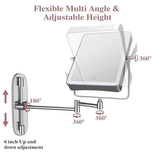 Wall Mounted Lighted Makeup Mirror, Rectangle Double Sided 1X/7X Magnifying Bathroom Height Adjustable Mirror, Rechargeable 3 Color and Dimmable Lights, Extended Arm 360 Rotation Shaving Vanity Mirror