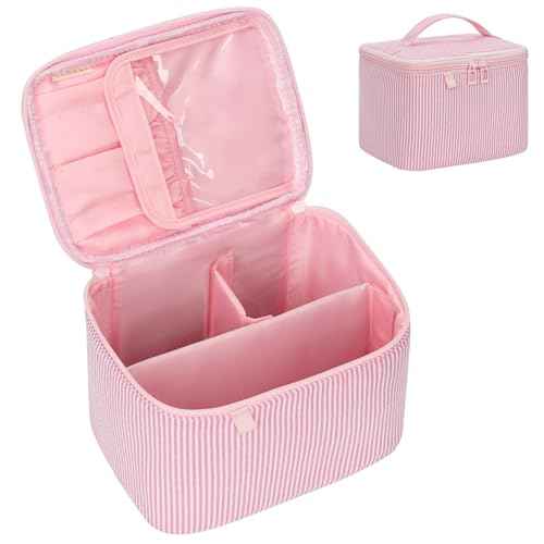 OCHEAL Makeup Bag Large Capacity Travel Make up Pouch for Cosmetics, Vertical Storage with Divider Toiletry Bag for Skincare Organization-Pink