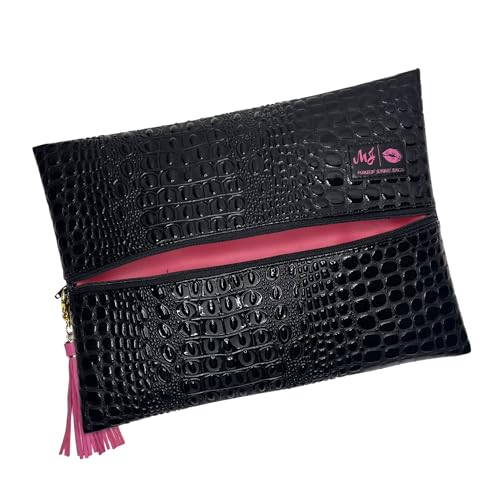 Makeup Junkie Large Makeup Bag - Bubble Gator Onyx - Patented Lay Flat Travel Toiletry Bag for Women - 9.5" x 13" Handmade USA Professional Cosmetic Case