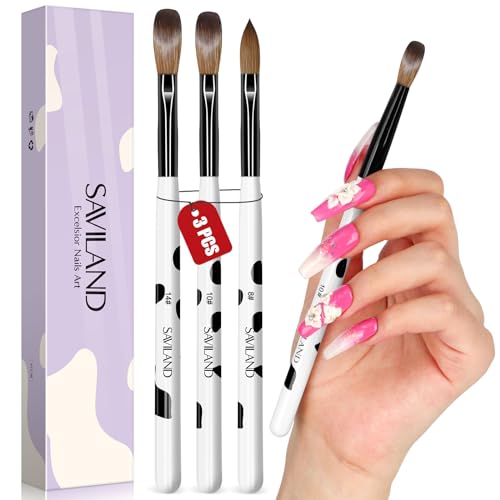 Saviland 3pcs Acrylic Nail Brush Set - Kolinsky Hair, Sizes 8/10/14