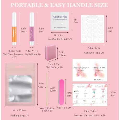 20PCS Press On Nail Tool Kit: Nail Prep Kit with Glue, Remover, Mini File, Buffer, Prep Pad, Adhesive Tabs, Wood Stick, Instruction Card
