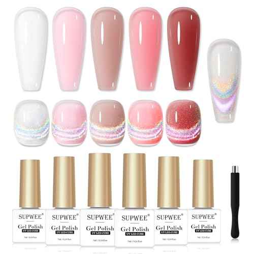 Cat Eye Gel Nail Polish Set With Magnetic, 5 Colors Translucent Nude Pink White Jelly Gel, Universal Rainbow Cat Eye, Glitter Holographic for Home DIY Manicure