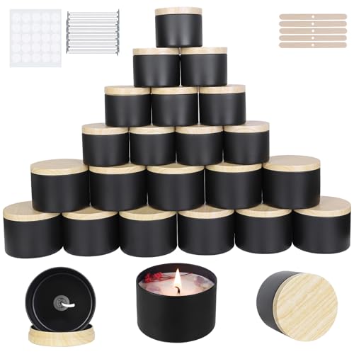 CONNOO 24 Pack Candle Tins - 12x8oz & 12x4oz with Wood-Grain Lids