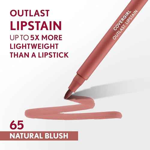 COVERGIRL Outlast, 65 Natural Blush, Lipstain, Smooth Application, Precise Pen-Like Tip, Transfer-Proof, Satin Stained Finish, Vegan Formula, 0.06oz