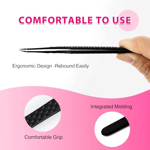 TDANCE Lash Tweezers for Eyelash Extensions, Diamond Grip 90 Degree Fiber Tip Lash Tweezers for Volume Lashes Make Fans, Stainless Steel Lash Extension Tweezers(Black-05)