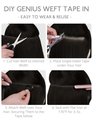 WENNALIFE Tape-In Weft Hair Extensions - 24" Remy Human Hair, Natural Black, 2 Pcs