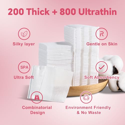ICOTLE Makeup Cotton Pads - 200 Thick & 800 Ultra-Thin, Lint-Free