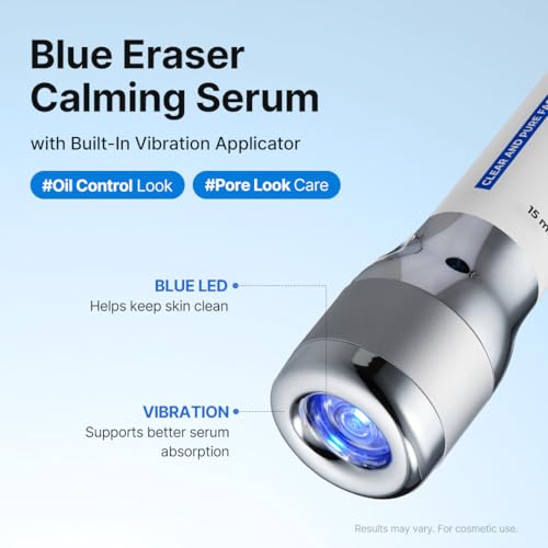 Blue Eraser Calming Serum - LED Vibration Applicator, Tea Tree Leaf Water, Niacinamide + Hyaluronic Acid, Oil Control & Pore-Look Refining, Lightweight Korean Skincare, 0.5 fl oz