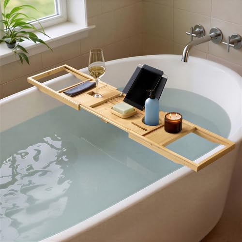Bamboo Bathtub Caddy Tray, Expandable 29.5-43 Inches