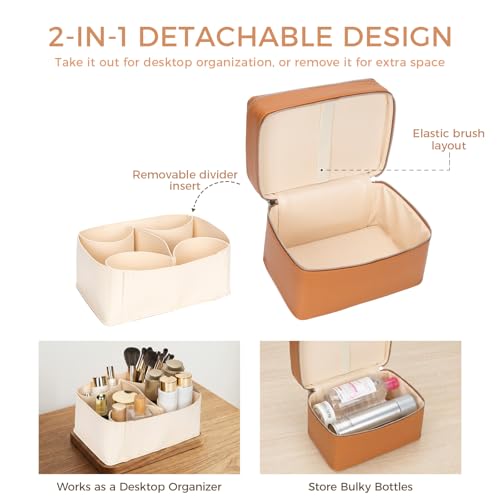 Double Layer Makeup Vanity Case, Large Capacity Cosmetic Bag with Removable Divider & Brush Organizer, Travel Toiletry Bag for Women, Portable PU Leather Organizer with Handle