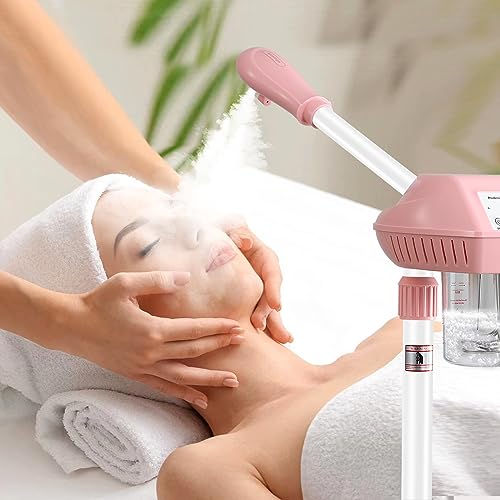 Professional Facial Steamer, Face Steam on Wheels, Estheticians Steamer with More Steam for Moisturizing and Hydration, Adjustable Height and Angle for Spa Beauty, Home Use, Pink
