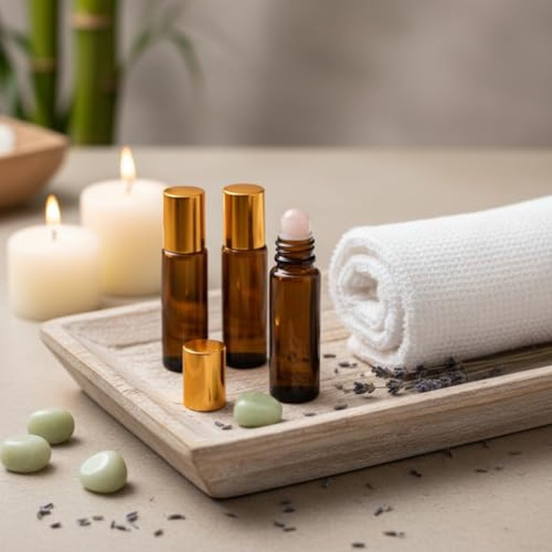 4-Pack Rose Quartz Roller Bottles - 10ml Amber Glass Set for Essential Oils