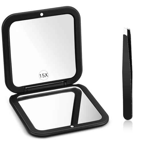 Geetery Travel Compact Magnifying Mirror with Tweezers, 1X/15X Magnification, 3.35'' x 3.35'' Pocket Size, Folding Makeup Mirror, Portable for Travel and Purses (Black)