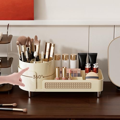 Rotating Makeup Organizer Countertop,Large Capacity Makeup Organizers for Vanity,2 in 1 makeup storage organizer for Bathrooms,Cosmetic Display Case(Cream)