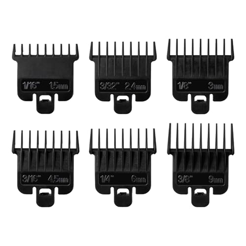 6Pcs Hair Clipper Guards Compatible with Baybliss FX787 and Andis T Outliner G, GO, GTO, ORL, LS2, LS3, PLS, PMT-1, RT-1, SLII, Trimmer Guards Replacement - 1/16" to 3/8", Black Color