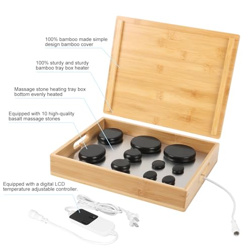 Hot Stone Massage Set with 10 Basalt Stones & Bamboo Warmer