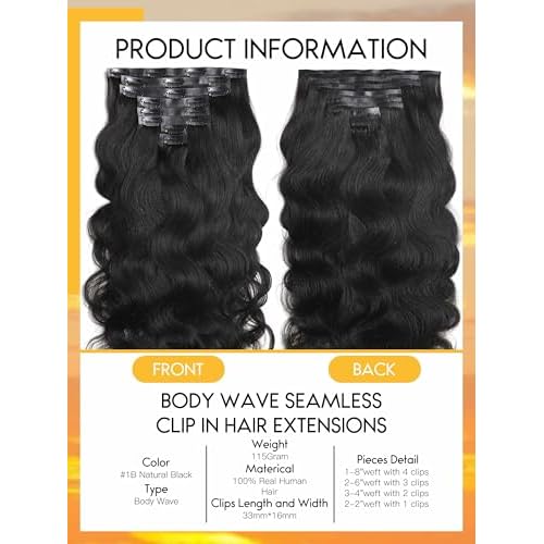 Caliee 16 Inch Body Wave Clip in Hair Extensions Real Human Hair Invisible Skin Weft Virgin Human Hair Soft 8Pcs 115G Natural Black Body Wave Clip ins Human Hair