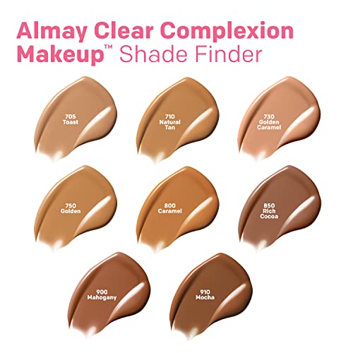 Almay Clear Complexion Acne Foundation Makeup with Salicylic Acid - Lightweight, Medium Coverage, Hypoallergenic, Fragrance-Free, for Sensitive Skin, 710 Natural Tan, 1 fl oz.