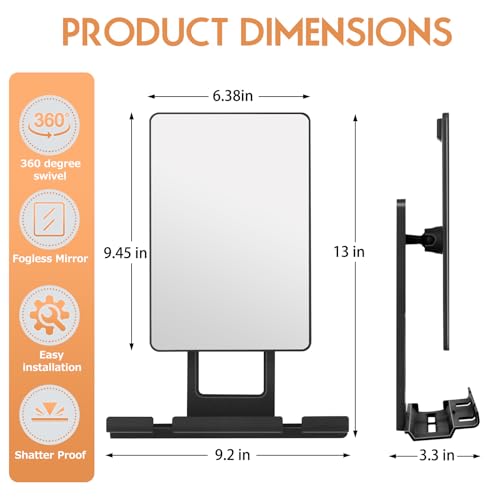 Fogless Shower Mirror with 360° Rotation & Razor Holder