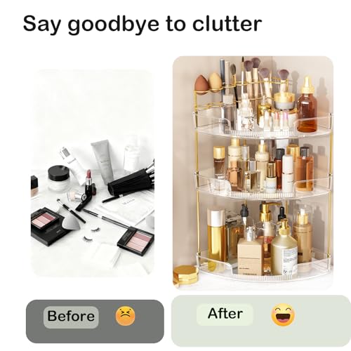 FELIZHOUSE 3-Tier Makeup Organizer for Vanity & Bathroom Countertop ? Acrylic Storage Shelf with Perfume Tray & Makeup Brush Holder, Tool-Free Installation, Design for Bathroom & Dresser - Clear